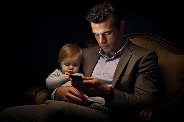 un père qui tient un bébé et regarde son téléphone portable