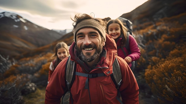 un père en randonnée avec ses filles dans les montagnes de la Patagonie argentine