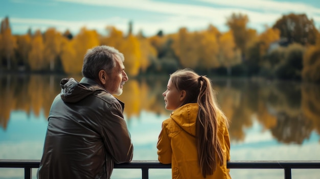 Un père et sa fille adolescente ont une conversation chaleureuse sur une jetée surplombant un lac.