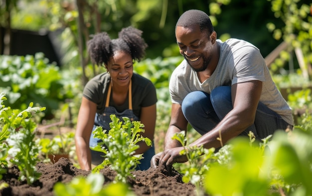 Un père et sa fille adulte collaborent dans un jardin communautaire, favorisant un lien tout en cultivant et en soignant les plantes ensemble.