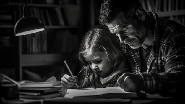 Un père et sa fille font joyeusement leurs devoirs ensemble