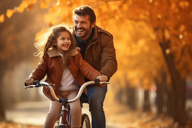 Un père et sa fille heureux à vélo dans le parc.