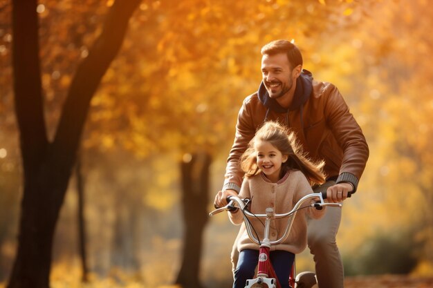 Un père et sa fille heureux à vélo dans le parc.