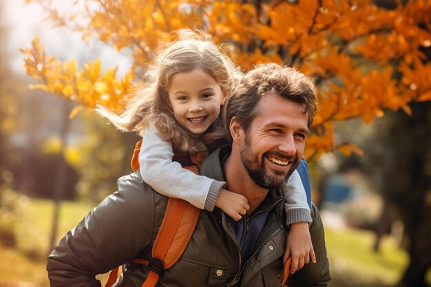 Un père et sa fille heureux à vélo dans le parc.