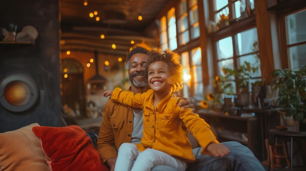 Un père et sa fille joyeux partagent un moment à l'intérieur