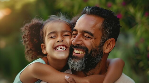 Un père et sa fille joyeux partagent un rire sincère en plein air, rayonnant de bonheur.