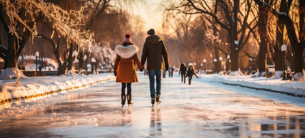 Un père et sa fille patinent sur glace