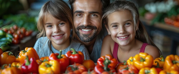 Un père et sa fille regardent à travers des tranches de poivre.