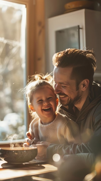 Un père et sa fille rient à la lumière chaude du matin à la maison.