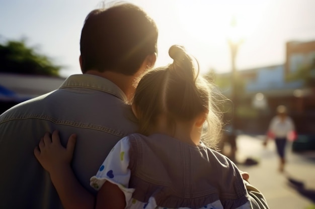 Un père et sa fille s'embrassent devant une maison