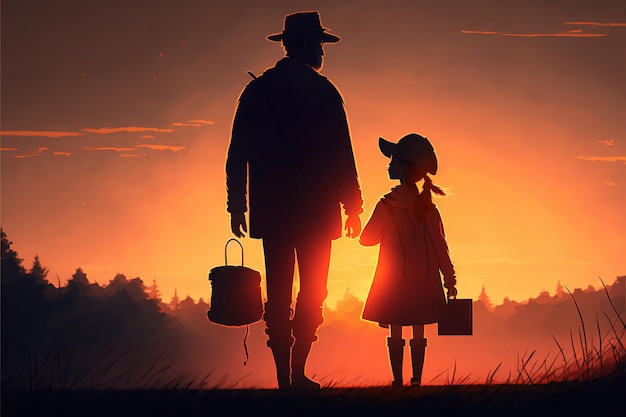 Père avec sa fille Silhouette du père portant sa fille au coucher du soleil Peinture d'illustration de style d'art numérique