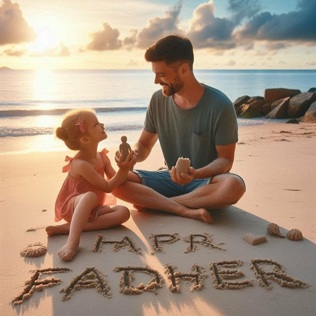 Photo un père et sa fille sont assis sur la plage avec les mots papa papa