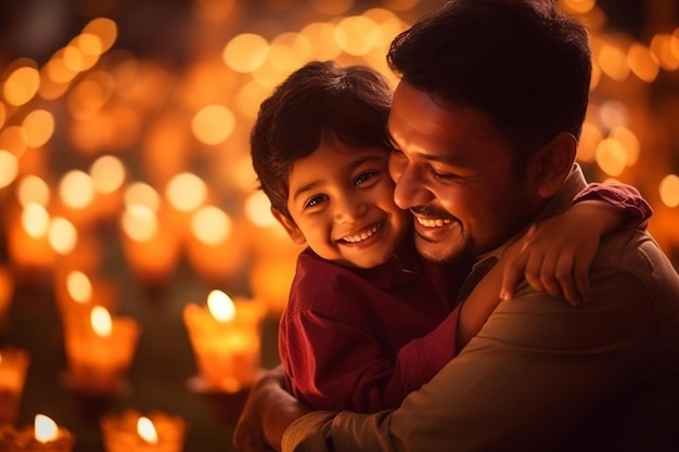 Photo un père et sa fille tiennent des bougies dans un temple