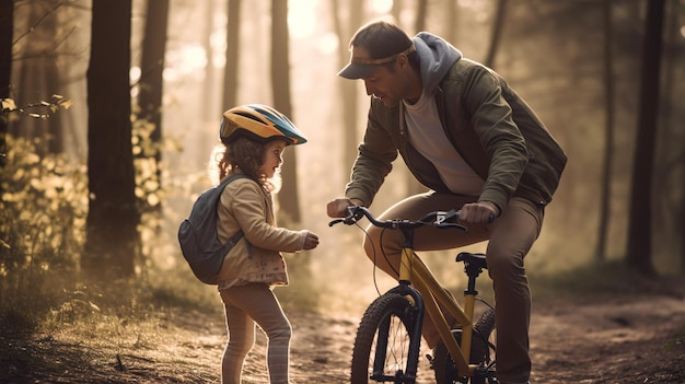 Photo un père et sa fille à vélo se parlent