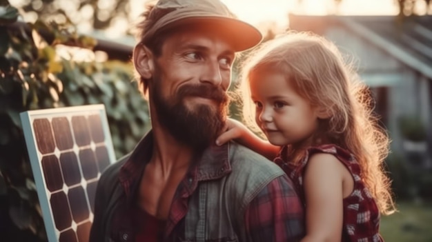 un père avec sa petite fille qui porte un panneau solaire.