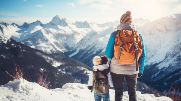 Un père avec sa petite fille regarde les montagnes enneigées dans une station de ski pendant les vacances et l'hiver