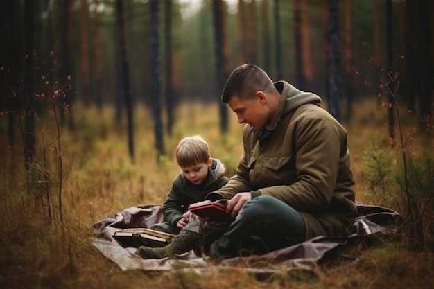 Photo le père et sa petite fille sont assis dans la forêt.