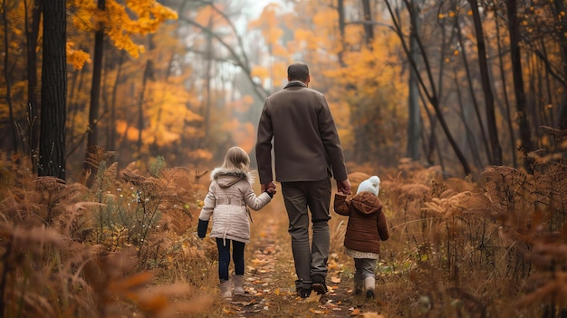 Un père et ses deux enfants se promènent dans les bois les feuilles deviennent brunes et orange et le soleil brille à travers les arbres