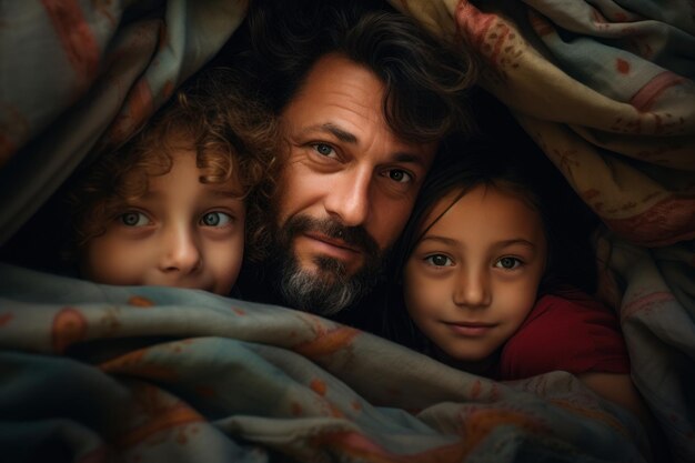 Un père et ses deux enfants sortent de sous une couverture. Un moment familial chaleureux et intime.