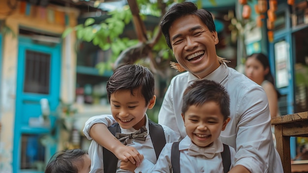 un père et ses enfants posent pour une photo avec leurs enfants