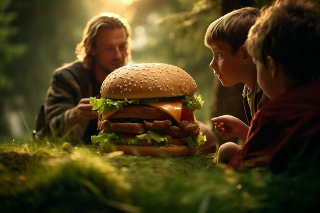 Photo un père et ses enfants regardent un hamburger avec un homme et un homme derrière lui