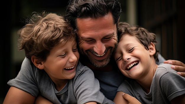 Un père et ses enfants s'embrassent, sourient et s'amusent ensemble.