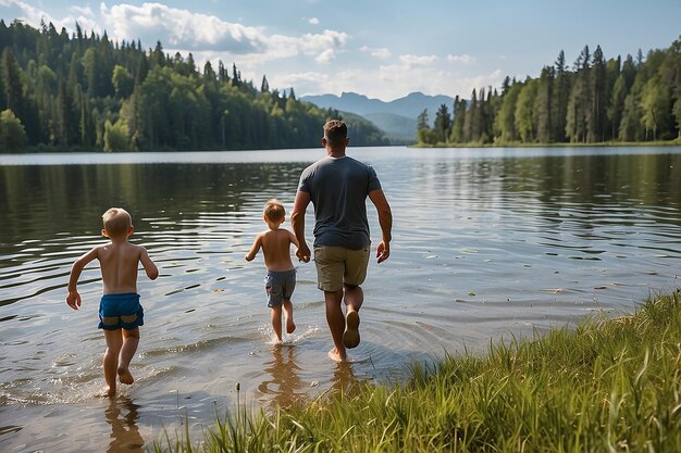 Un père et ses fils courent vers le lac pendant les vacances et la fête des pères.