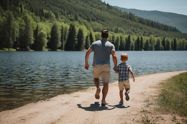 Photo un père et ses fils courent vers le lac pendant les vacances et la fête des pères.
