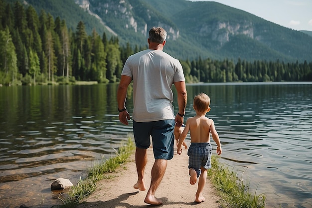 Un père et ses fils courent vers le lac pendant les vacances et la fête des pères.