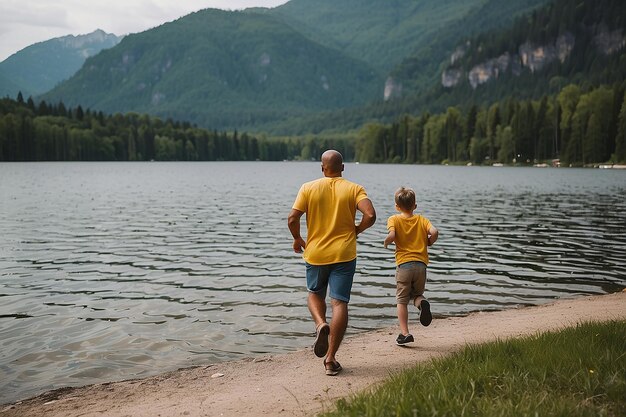 Photo un père et ses fils courent vers le lac pendant les vacances et la fête des pères.