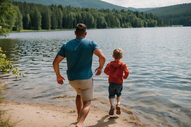 Photo un père et ses fils courent vers le lac pendant les vacances et la fête des pères.