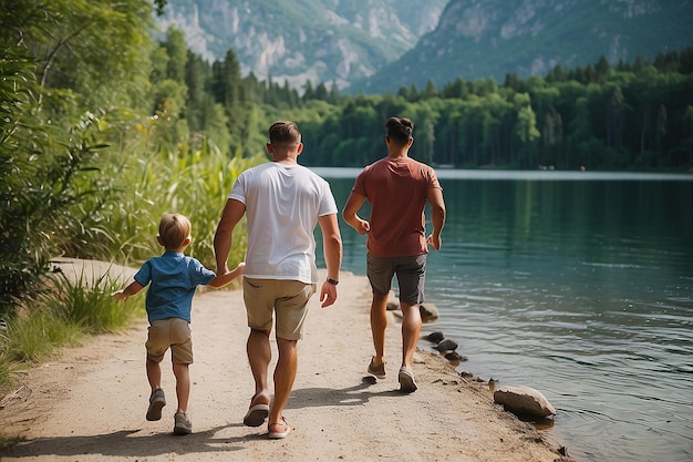 Un père et ses fils courent vers le lac pendant les vacances et la fête des pères.