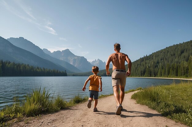 Photo un père et ses fils courent vers le lac pendant les vacances et la fête des pères.