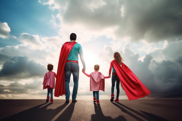 Un père avec ses fils et sa fille en costume de super-héros