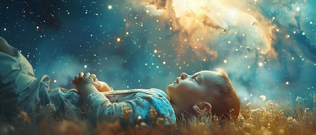 Un père et son bébé allongés sur l'herbe et regardant le ciel