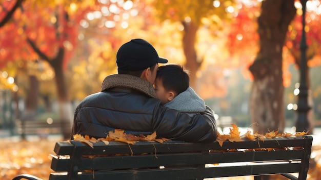 Un père et son enfant partagent une étreinte chaleureuse alors qu'ils sont assis sur un banc du parc