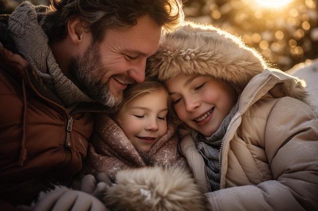 Photo le père et son enfant passent la journée d'hiver en s'amusant par temps ensoleillé.