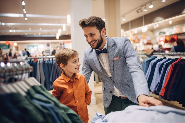 Un père et son fils achètent des vêtements ensemble