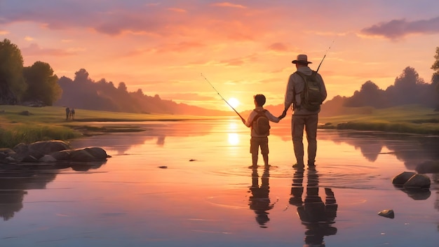 Un père et son fils apprécient un voyage de pêche le coucher de soleil dans le fond d'une rivière paisible