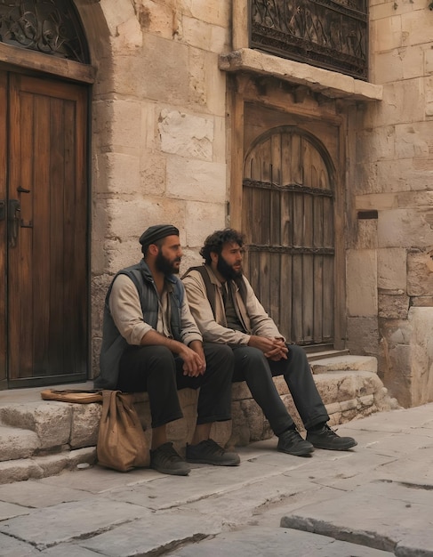 Un père et son fils assis dans la rue de la vieille ville de Jérusalem