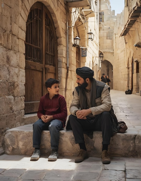 Un père et son fils assis dans la rue de la vieille ville de Jérusalem