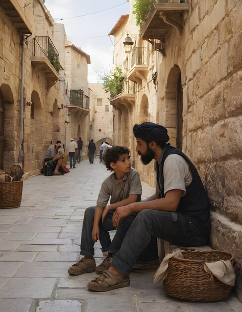 Photo un père et son fils assis dans la rue de la vieille ville de jérusalem