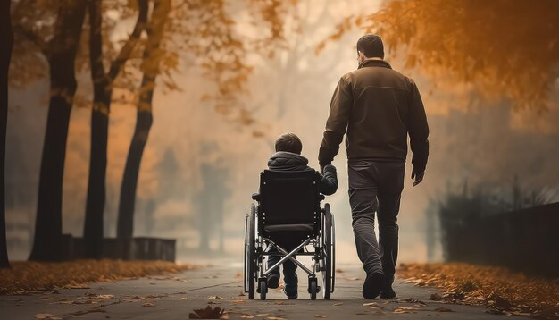 Un père et son fils en fauteuil roulant dans un parc en automne