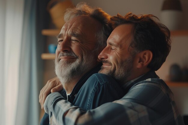 Un père et son fils heureux partagent une étreinte chaleureuse avec une IA générée