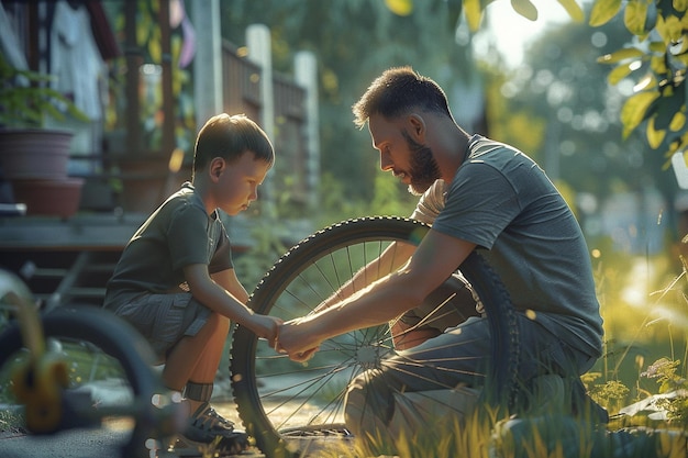 Un père et son fils heureux réparent un pneu de vélo cassé.