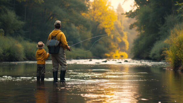 Un père et son fils jetant leurs lignes de pêche dans une rivière paisible entourée de la beauté de la nature