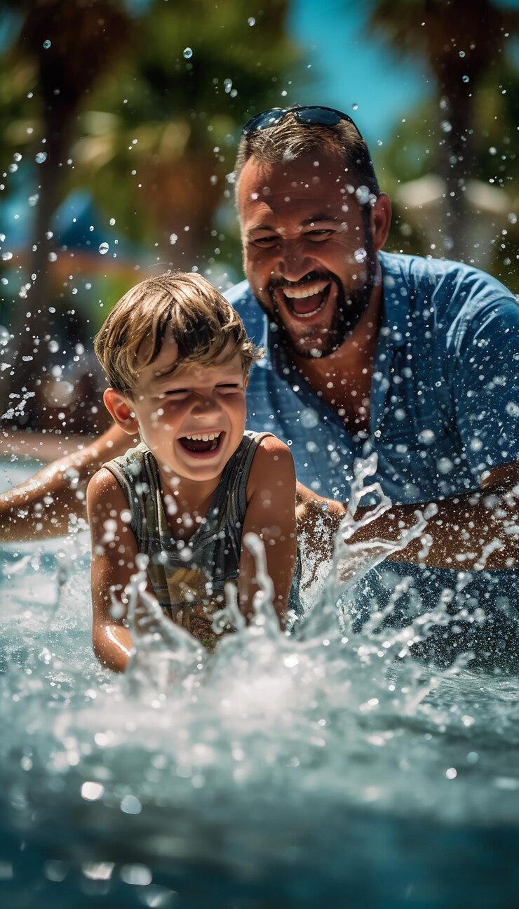 Un père et son fils jouant dans une fontaine par une chaude journée d'été