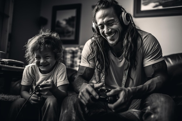 Un père et son fils jouant à des jeux vidéo partageant de l'amour et de la convivialité.