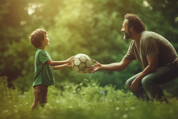 Un père et son fils jouent au football ensemble sur une prairie verte.