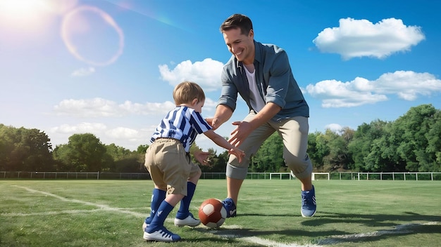 Un père et son fils jouent au football sur le terrain.